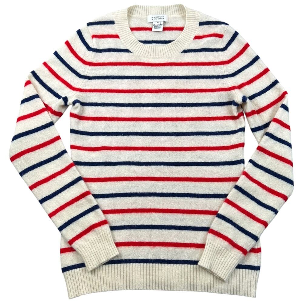 Barneys New York 100% Cashmere Striped Sweater Women M Fits XS Red Navy